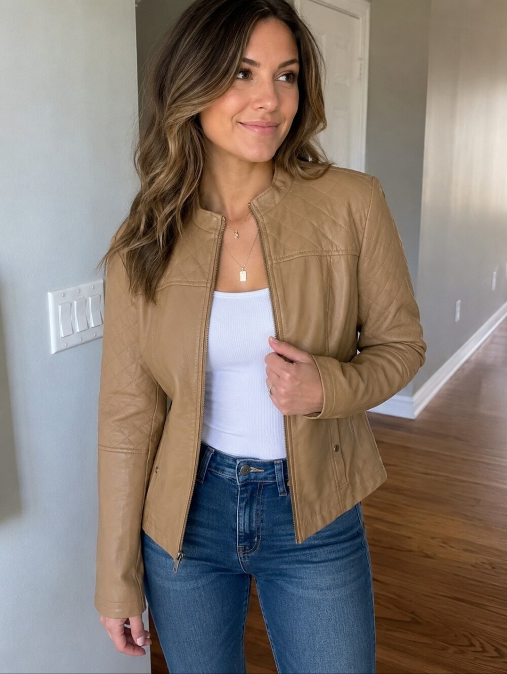 Guess Women's Camel Quilted Faux Leather Jacket Medium